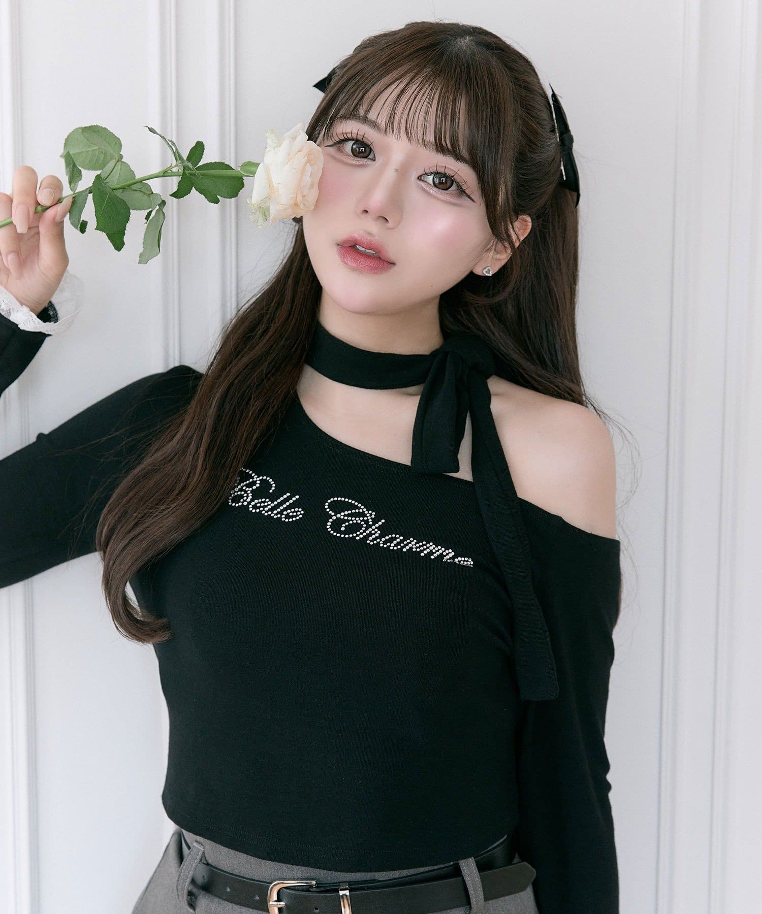 OLIVE des OLIVE(オリーブ デ オリーブ) 【Belle Charme】ラインストーンロゴリボンT