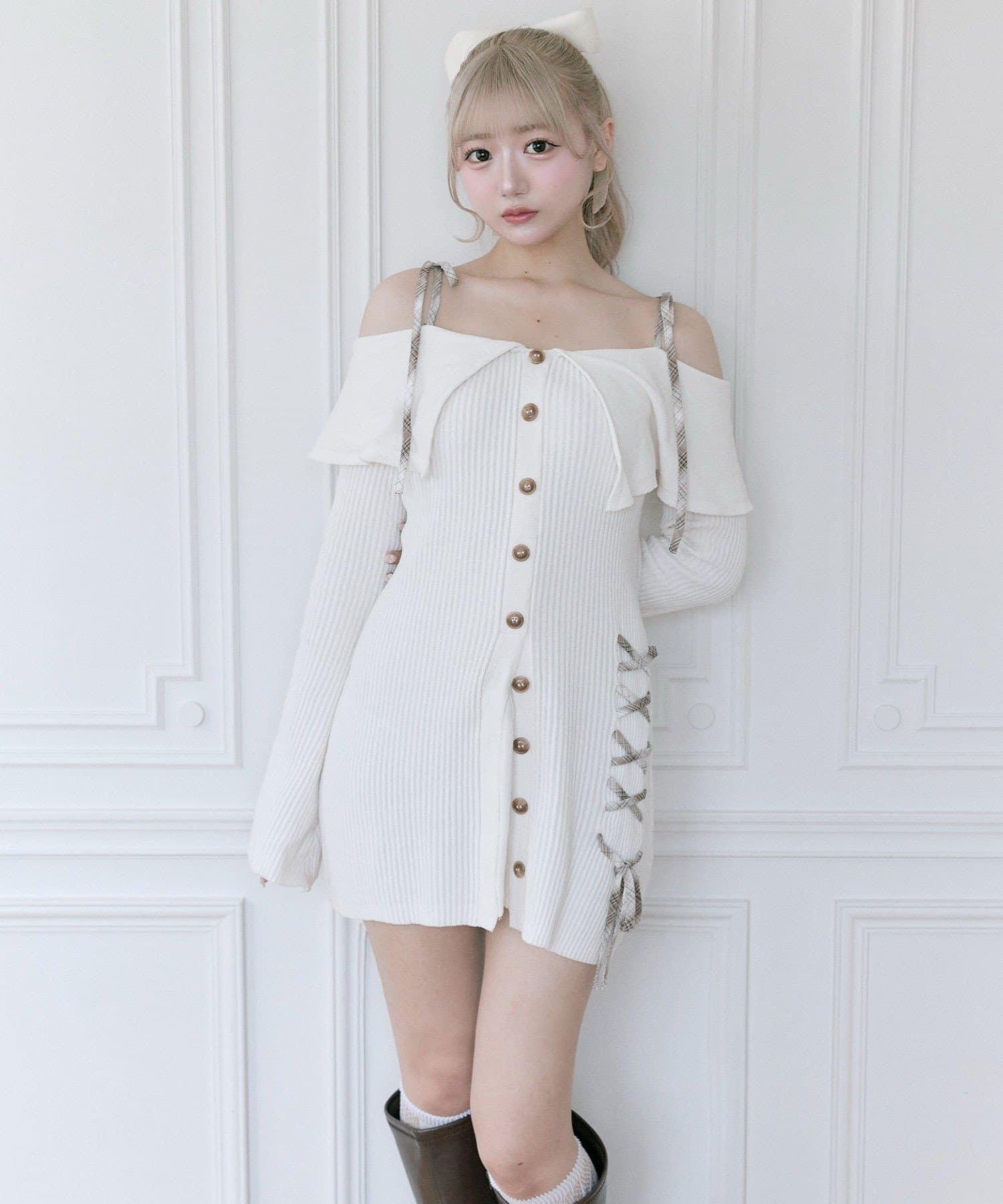 OLIVE des OLIVE(オリーブ デ オリーブ) 【Belle Charme】レースアップオフショルニットワンピ