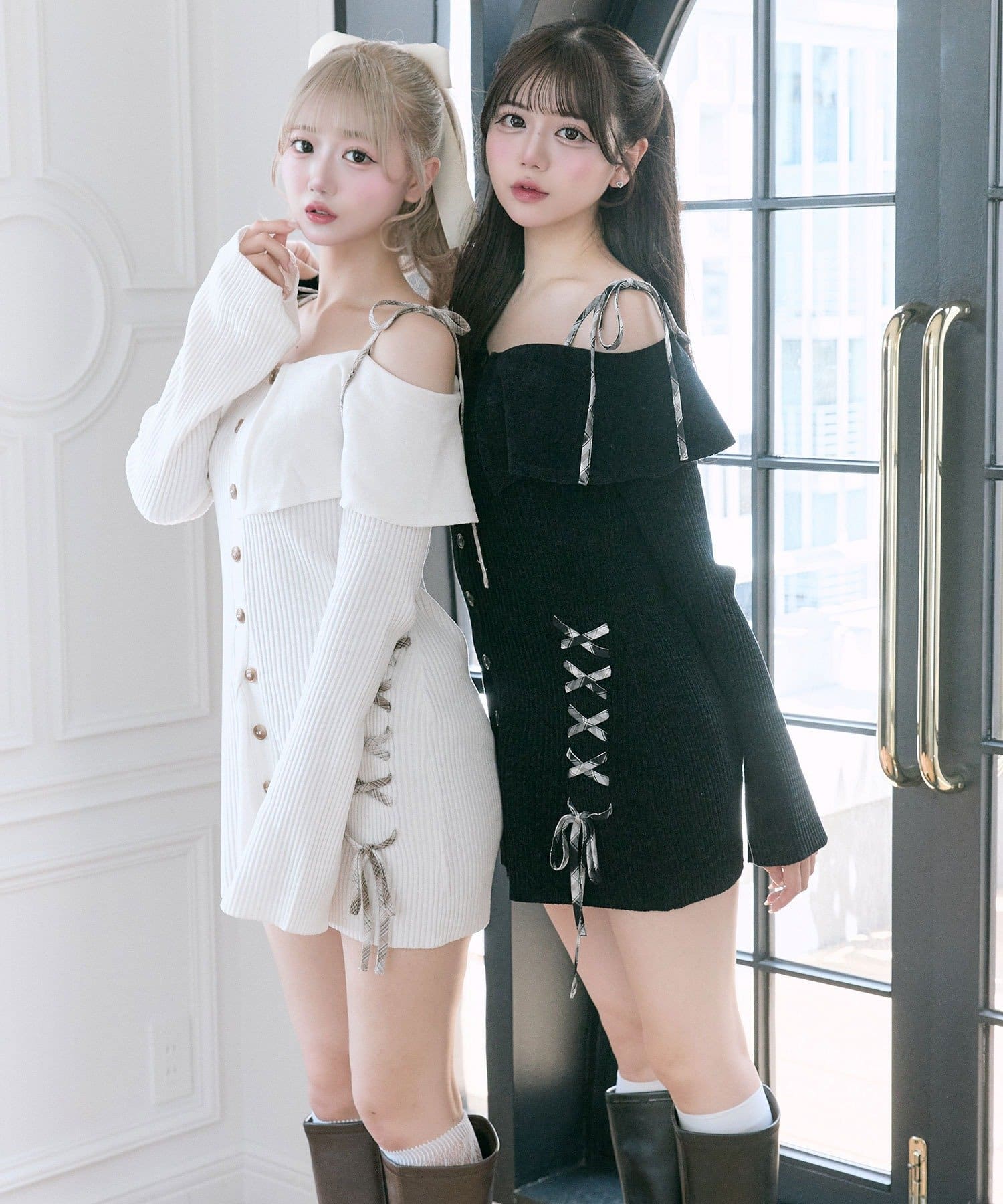 OLIVE des OLIVE(オリーブ デ オリーブ) 【Belle Charme】レースアップオフショルニットワンピ