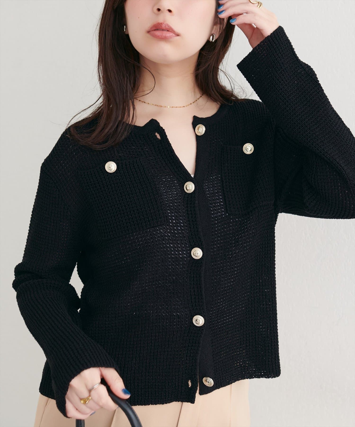 natural couture(ナチュラルクチュール) 【WEB限定】ポケ付き金釦ワッフル編みカーディガン