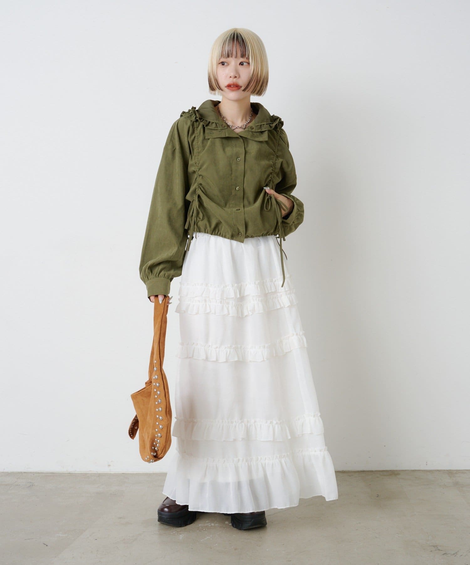 w closet(ダブルクローゼット) 【25AW/4色展開】フリルフーディーピーチシャツ