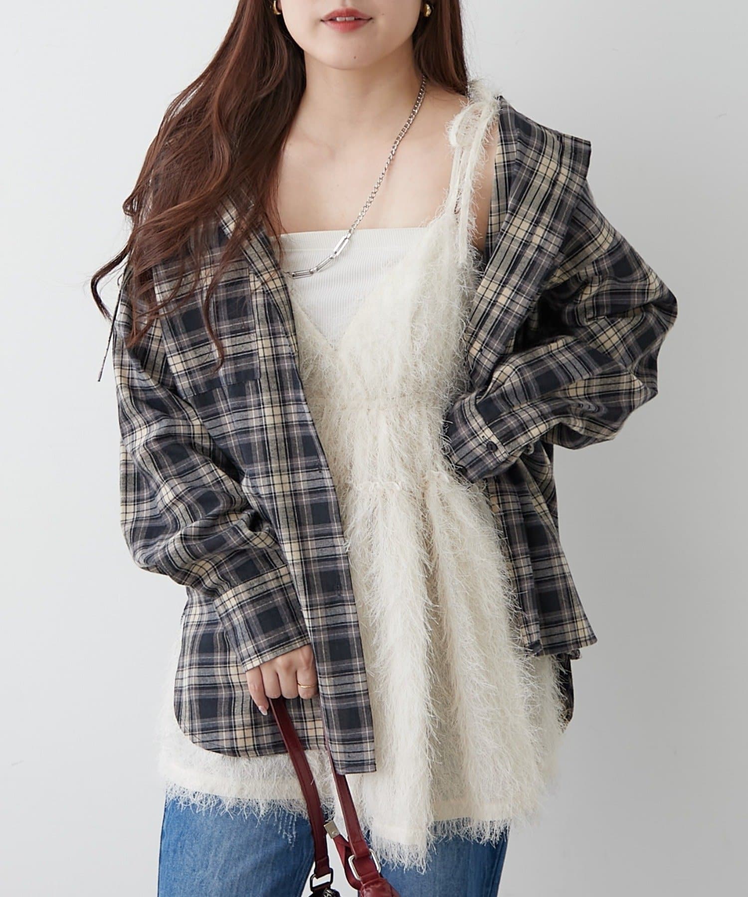 Remind me and forever(リマインドミーアンドフォーエバー) フード付チェックオーバーシャツ