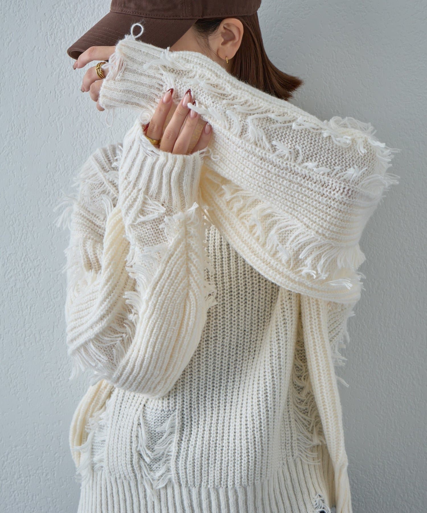 -goocy-(グーシー) モヘアタッチダメージ風フリンジプルオーバー