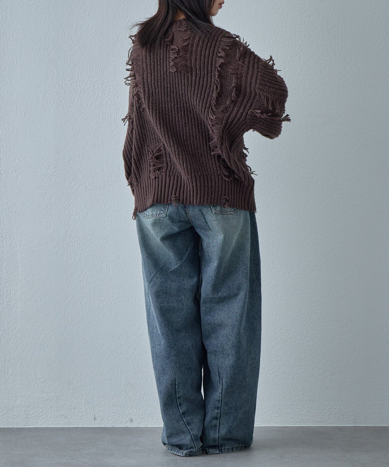 -goocy-(グーシー) モヘアタッチダメージ風フリンジプルオーバー