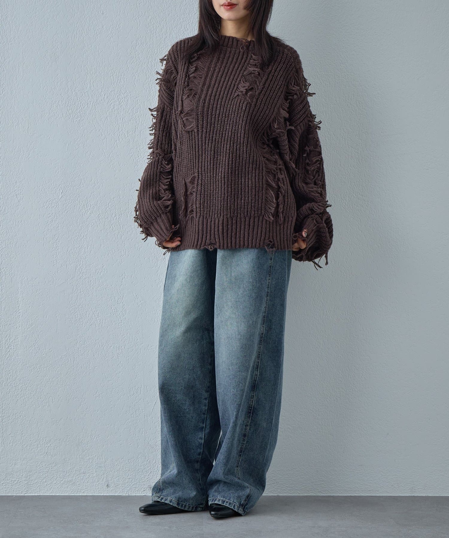 -goocy-(グーシー) モヘアタッチダメージ風フリンジプルオーバー