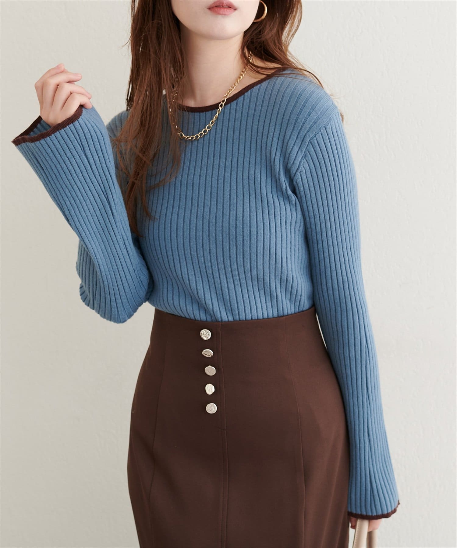 natural couture(ナチュラルクチュール) フレア袖配色リブニット