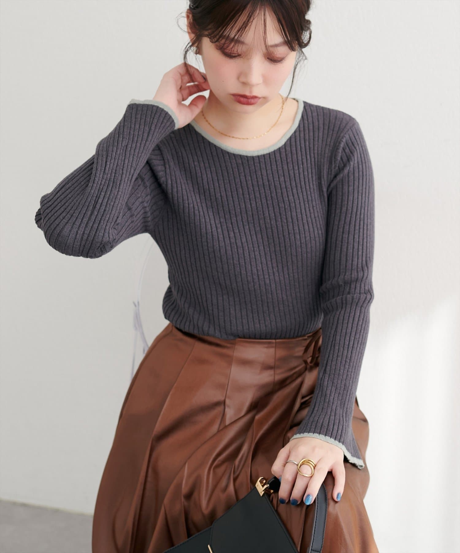 natural couture(ナチュラルクチュール) フレア袖配色リブニット