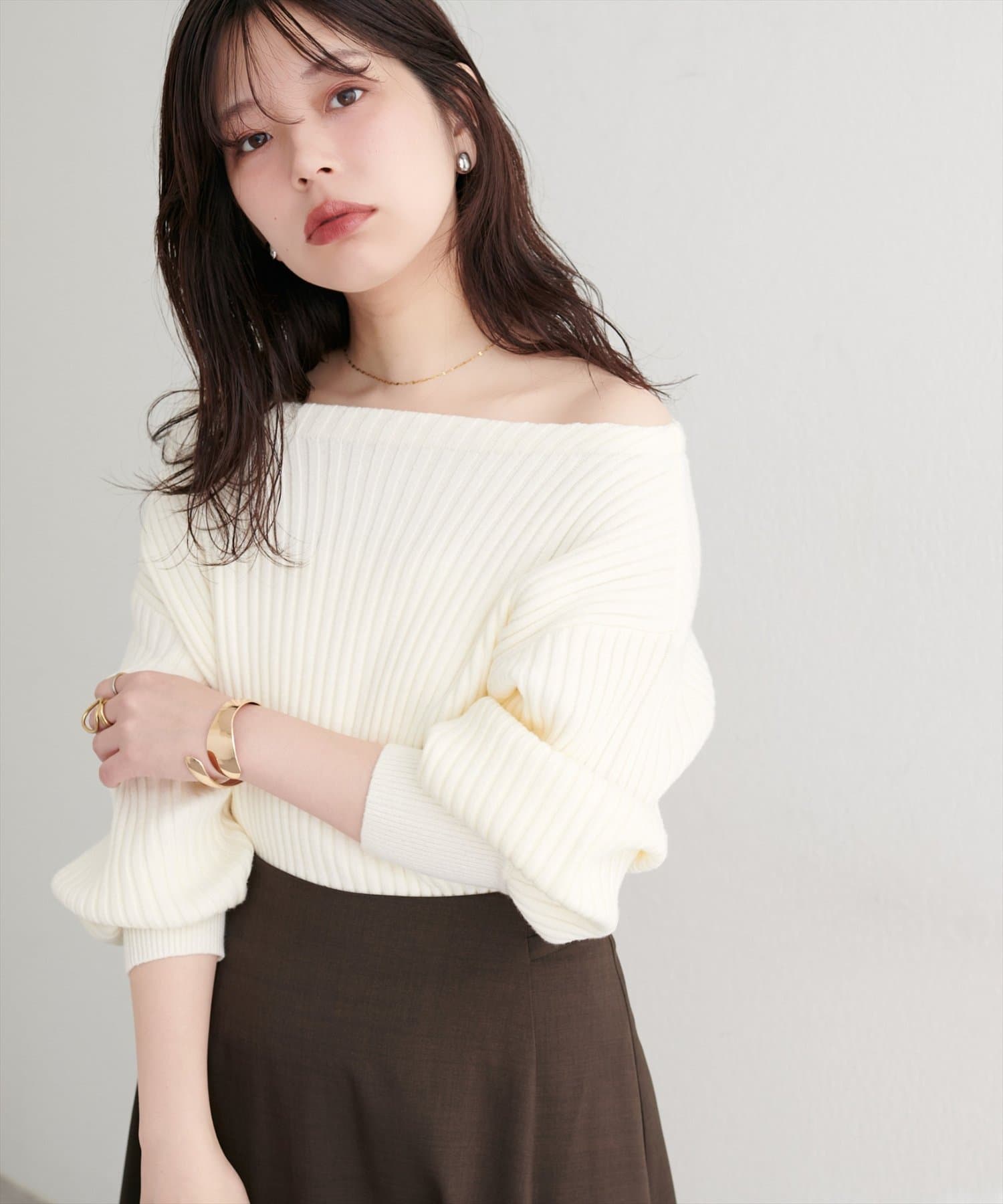 natural couture(ナチュラルクチュール) もちもちワイドリブぽわ袖ニット