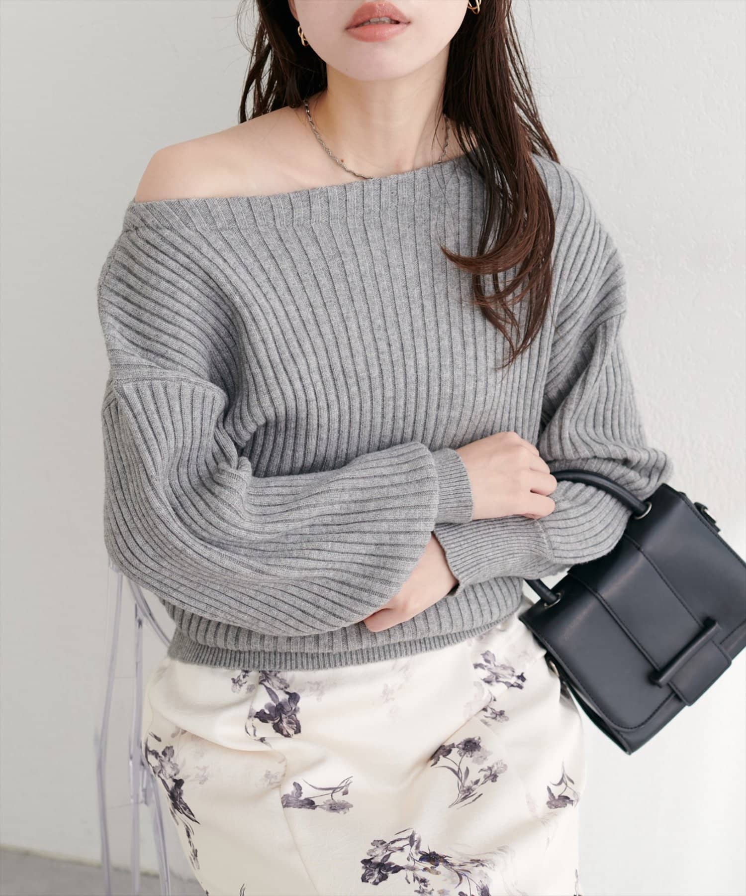 natural couture(ナチュラルクチュール) もちもちワイドリブぽわ袖ニット