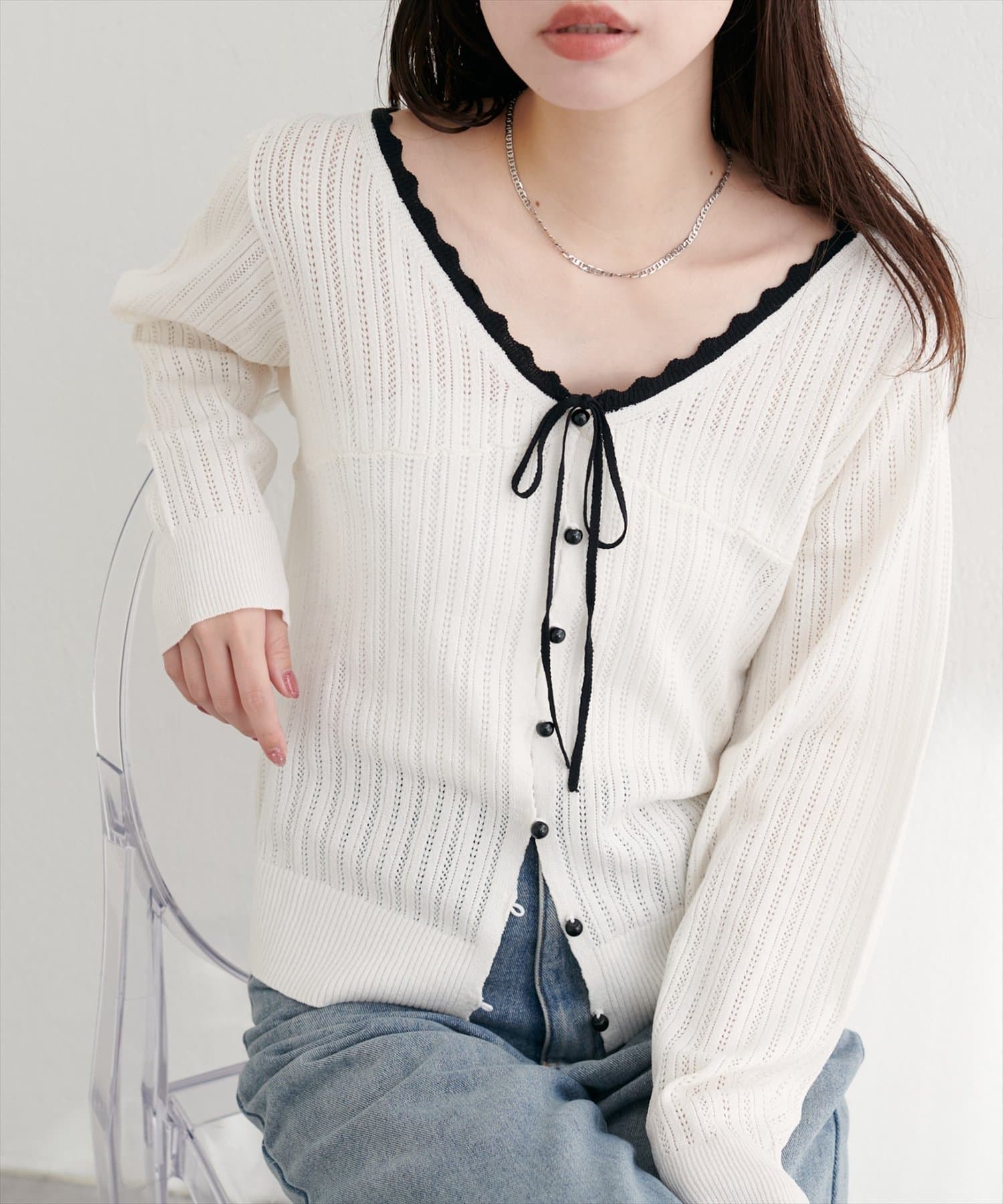 natural couture(ナチュラルクチュール) 配色リボン透かし編みカーディガン