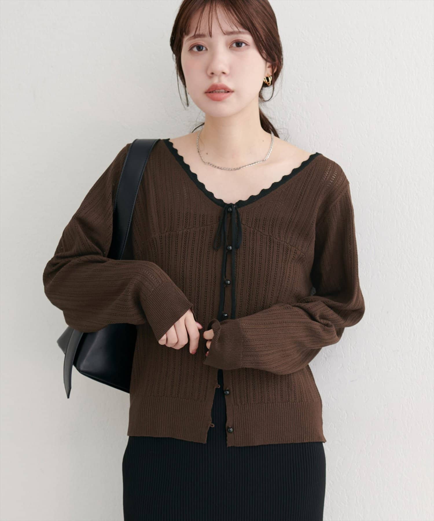 natural couture(ナチュラルクチュール) 配色リボン透かし編みカーディガン