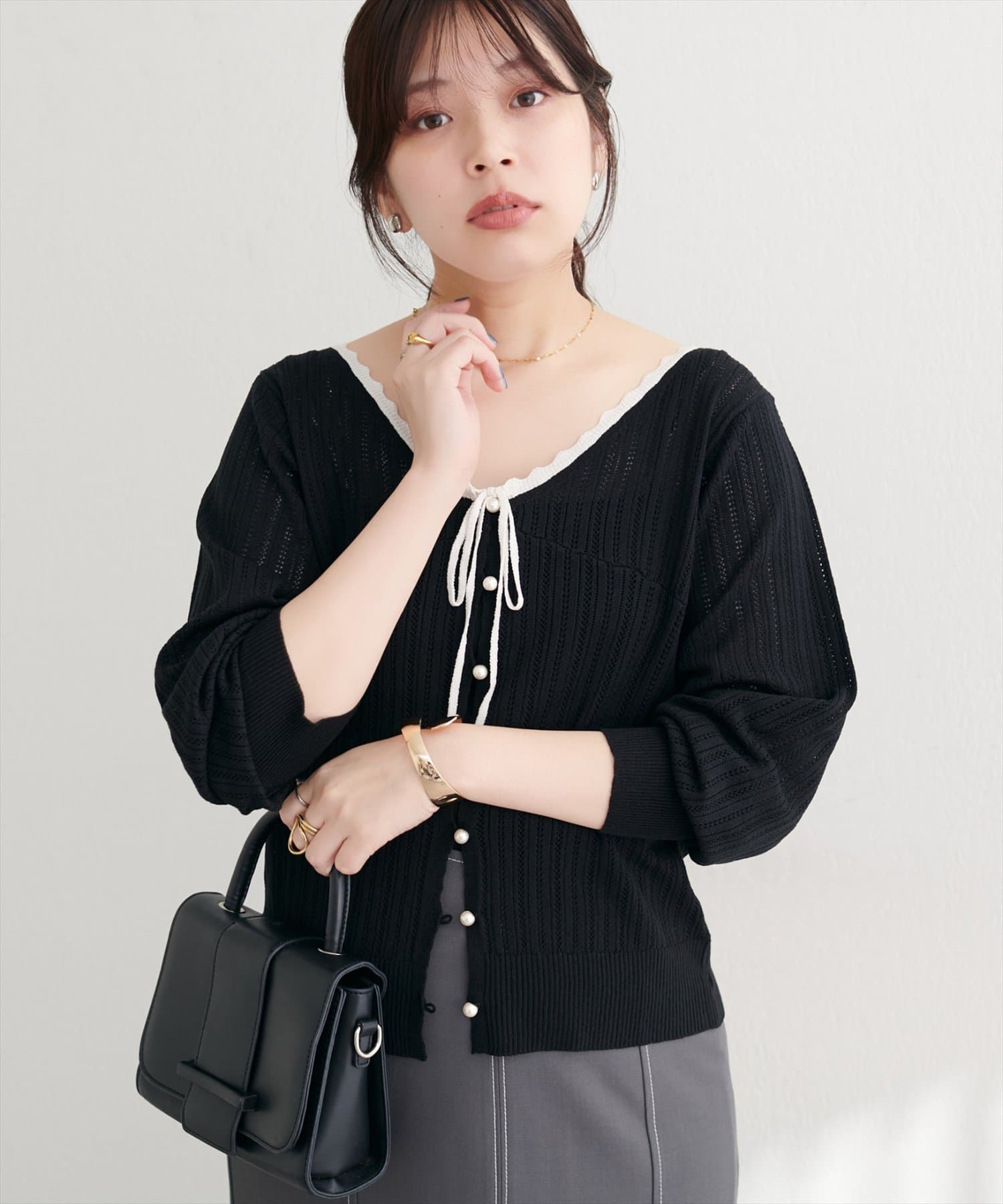 natural couture(ナチュラルクチュール) 配色リボン透かし編みカーディガン