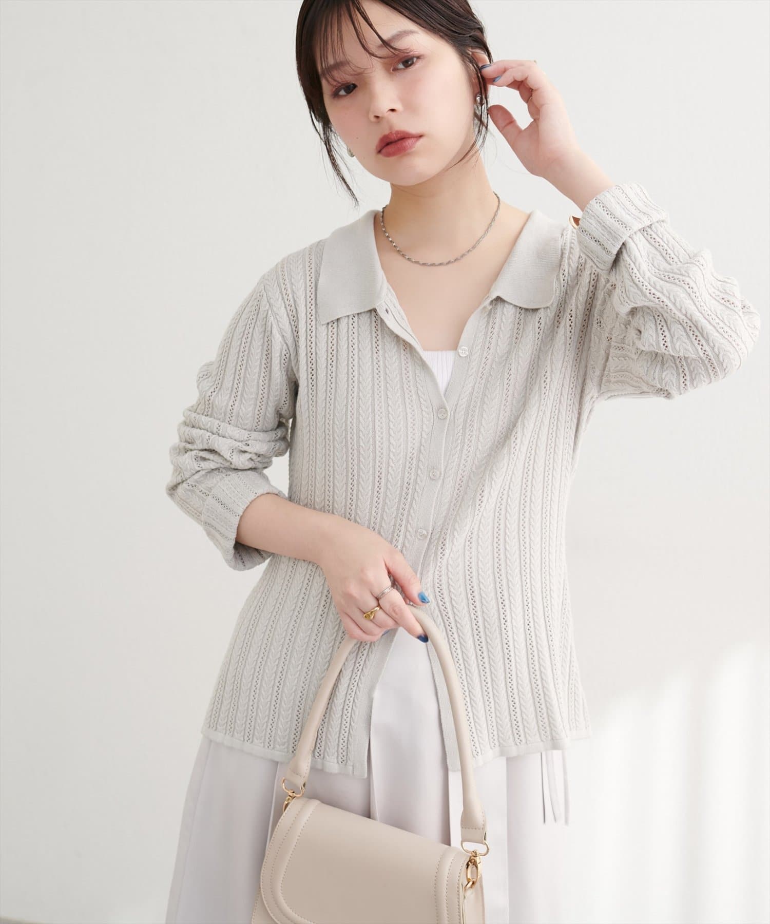 natural couture(ナチュラルクチュール) 【WEB限定】透かし×細ケーブル衿付きカーデ