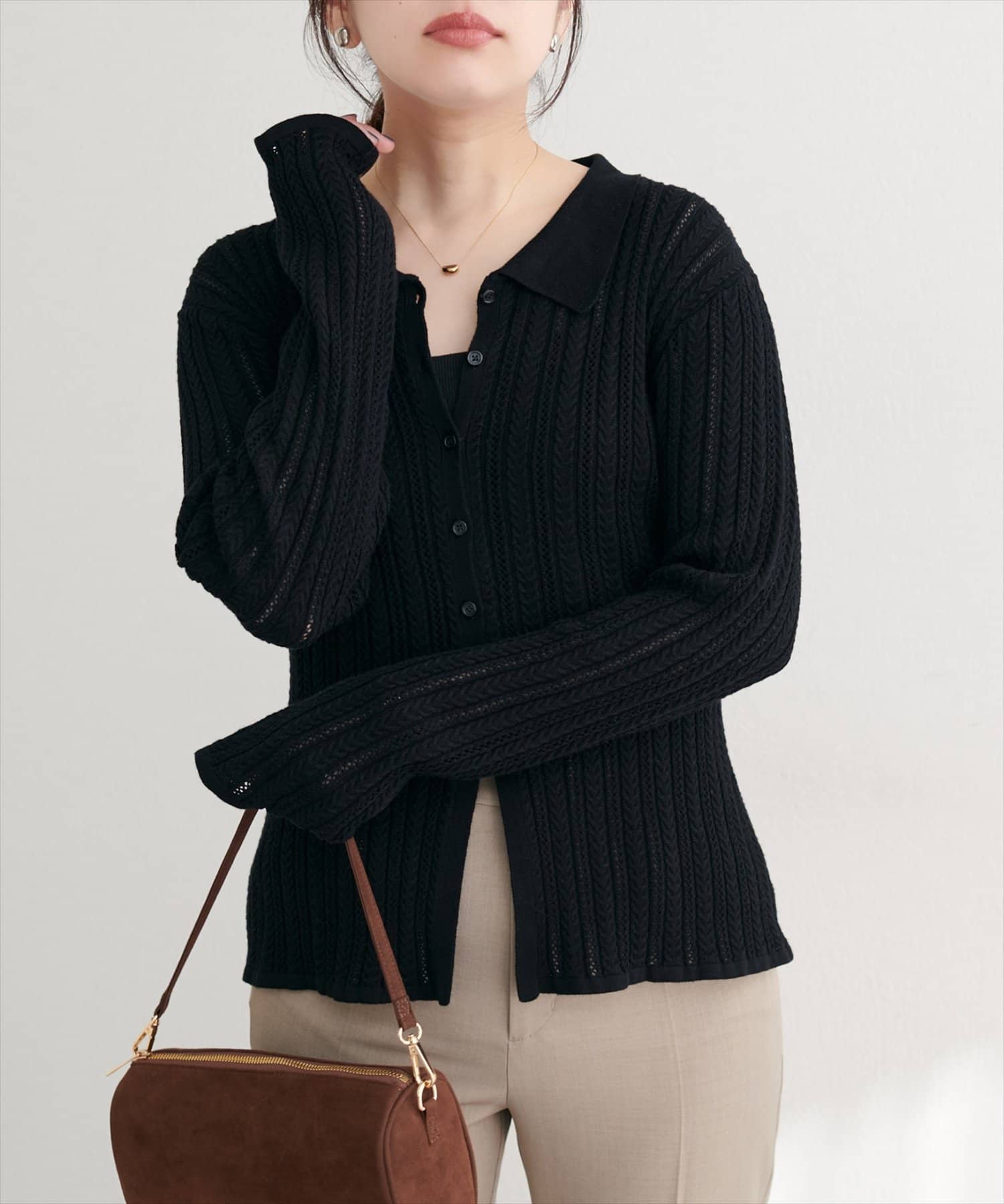 natural couture(ナチュラルクチュール) 【WEB限定】透かし×細ケーブル衿付きカーデ