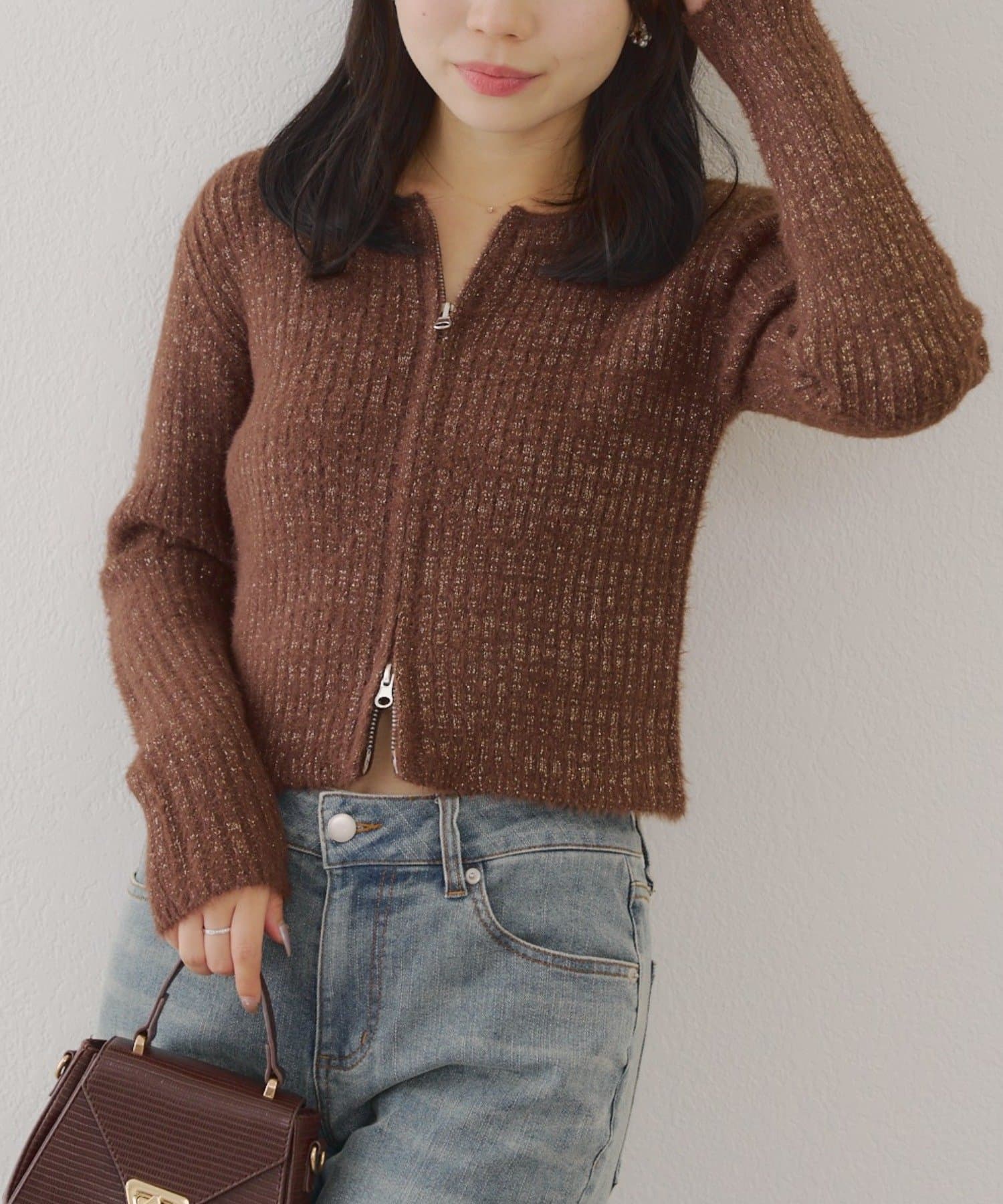 NICE CLAUP / OLIVE des OLIVE OUTLET(ナイスクラップ  / オリーブ デ オリーブ アウトレット) 【RMAF】ラメフェザーWZIPニット