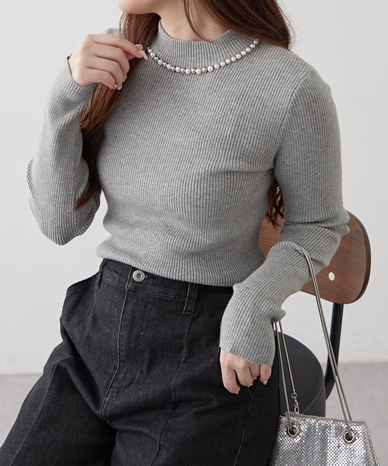 NICE CLAUP / OLIVE des OLIVE OUTLET(ナイスクラップ  / オリーブ デ オリーブ アウトレット) 【RMAF】パール付プチハイリブニット