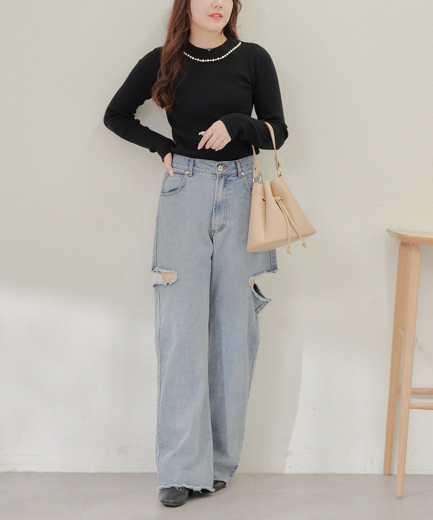 NICE CLAUP / OLIVE des OLIVE OUTLET(ナイスクラップ  / オリーブ デ オリーブ アウトレット) 【RMAF】パール付プチハイリブニット