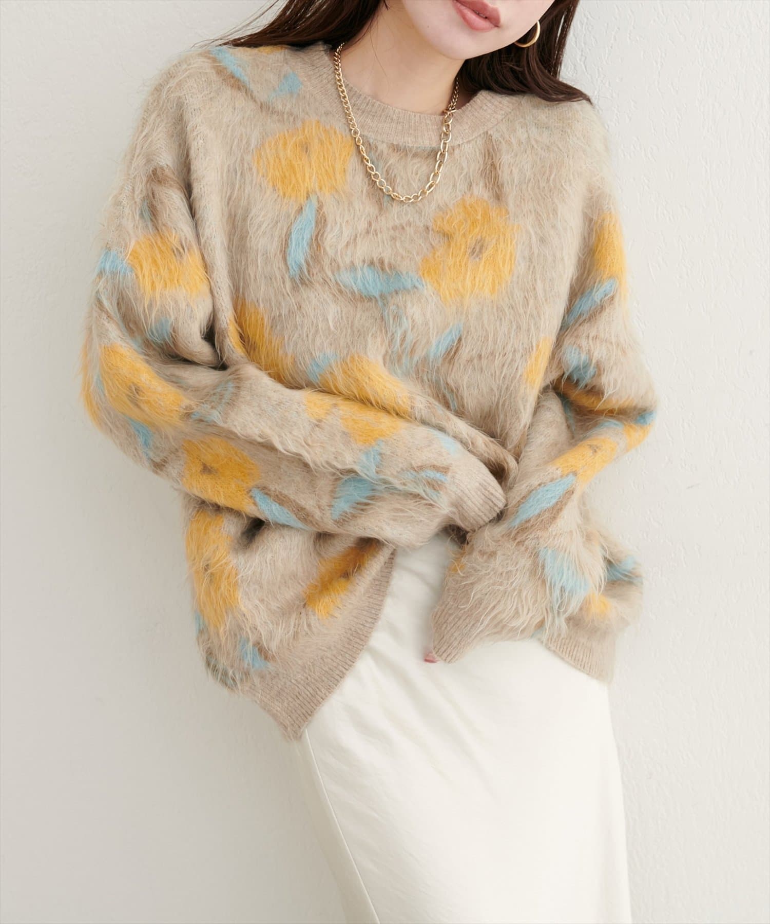 natural couture(ナチュラルクチュール) 花柄ジャガードシャギーニットプルオーバー