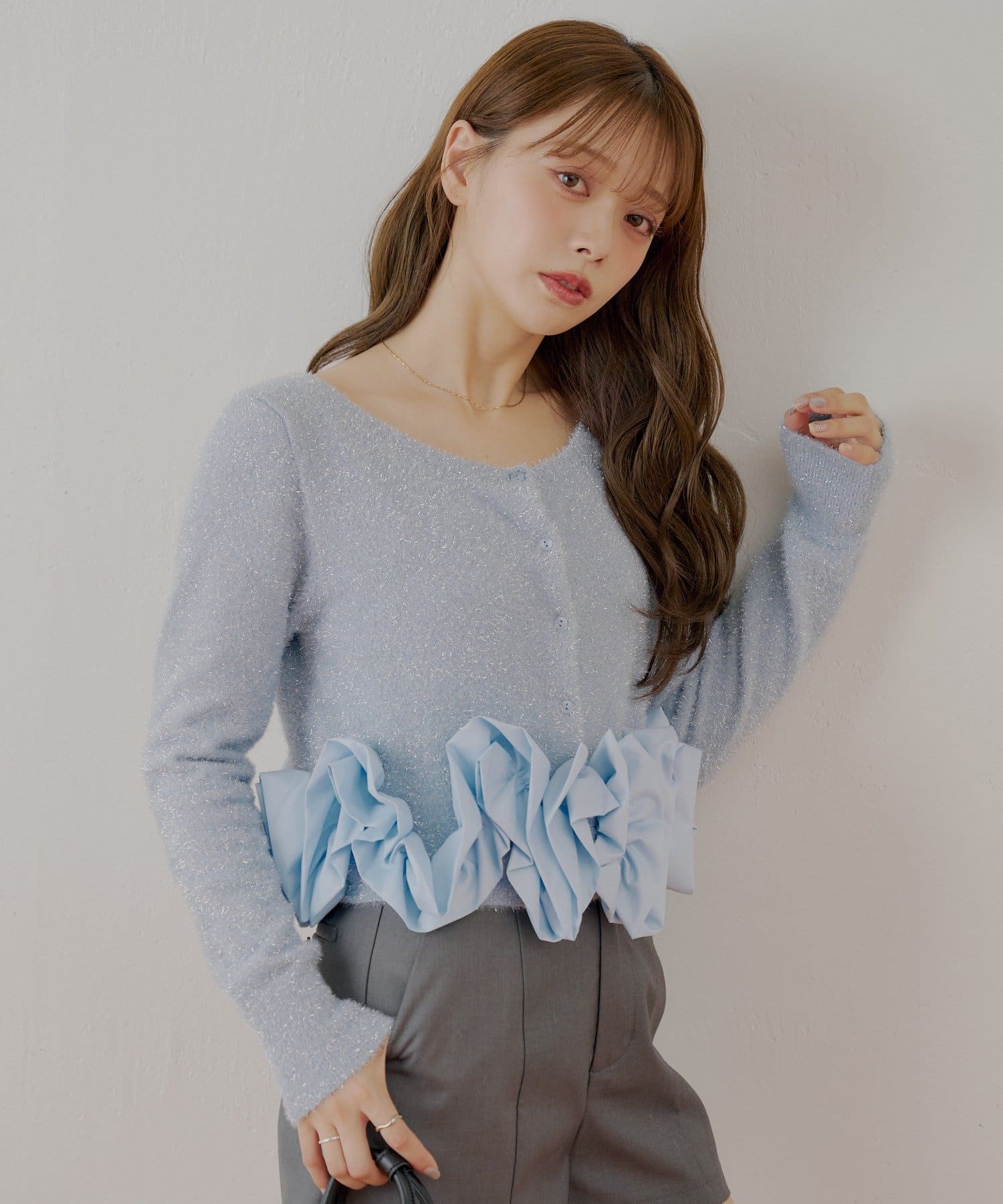 Chico(チコ) ねじりフリルデザインラメシャギーカーディガン