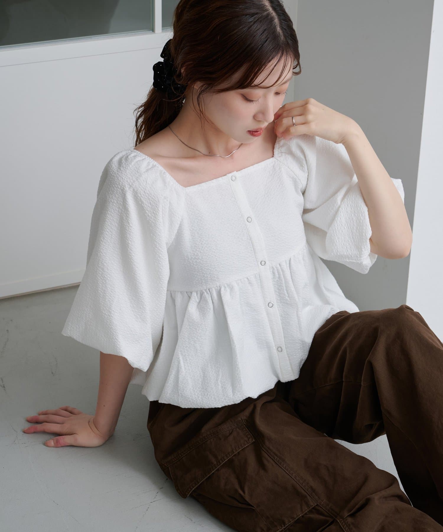 Kastane(カスタネ) 【8.23(土)0:00発売/2WAY/4色展開/無地&チェック/WEB限定カラー】バルーン七分袖ブラウス
