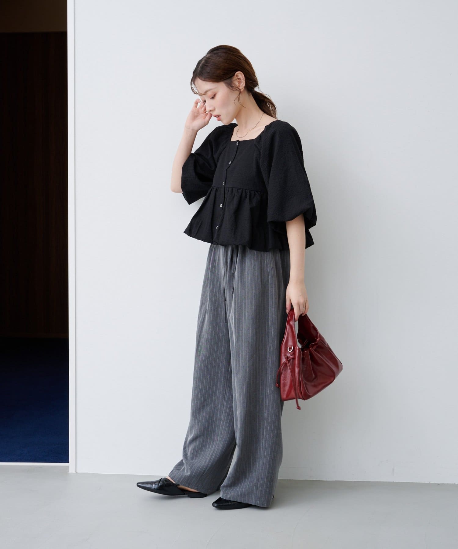 Kastane(カスタネ) 【2WAY/4色展開/無地&チェック/WEB限定カラー】バルーン七分袖ブラウス