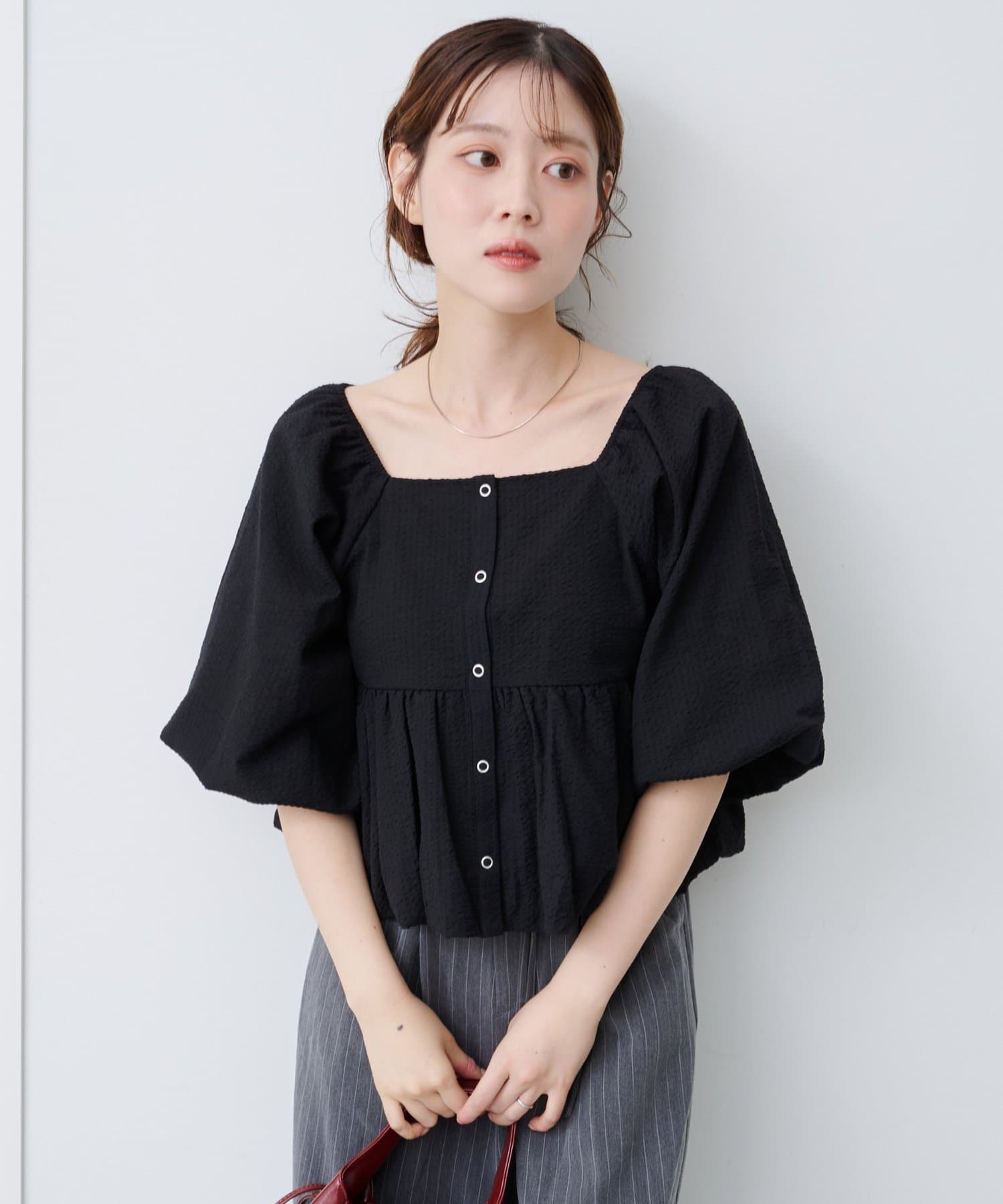 Kastane(カスタネ) 【8.23(土)0:00発売/2WAY/4色展開/無地&チェック/WEB限定カラー】バルーン七分袖ブラウス