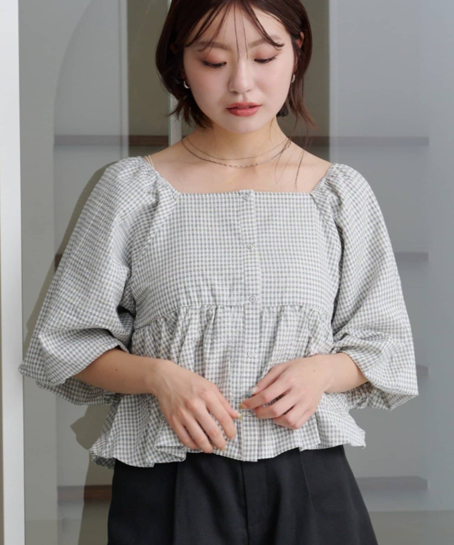 Kastane(カスタネ) 【2WAY/4色展開/無地&チェック/WEB限定カラー】バルーン七分袖ブラウス