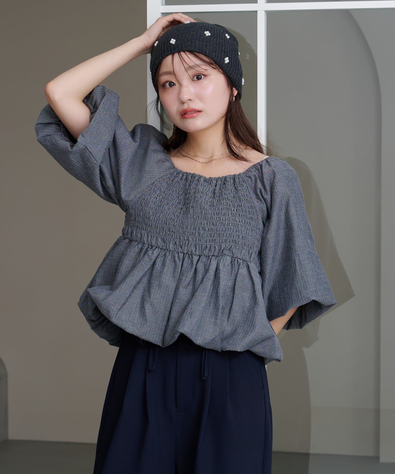 Kastane(カスタネ) 【8.23(土)0:00発売/2WAY/4色展開/無地&チェック/WEB限定カラー】バルーン七分袖ブラウス