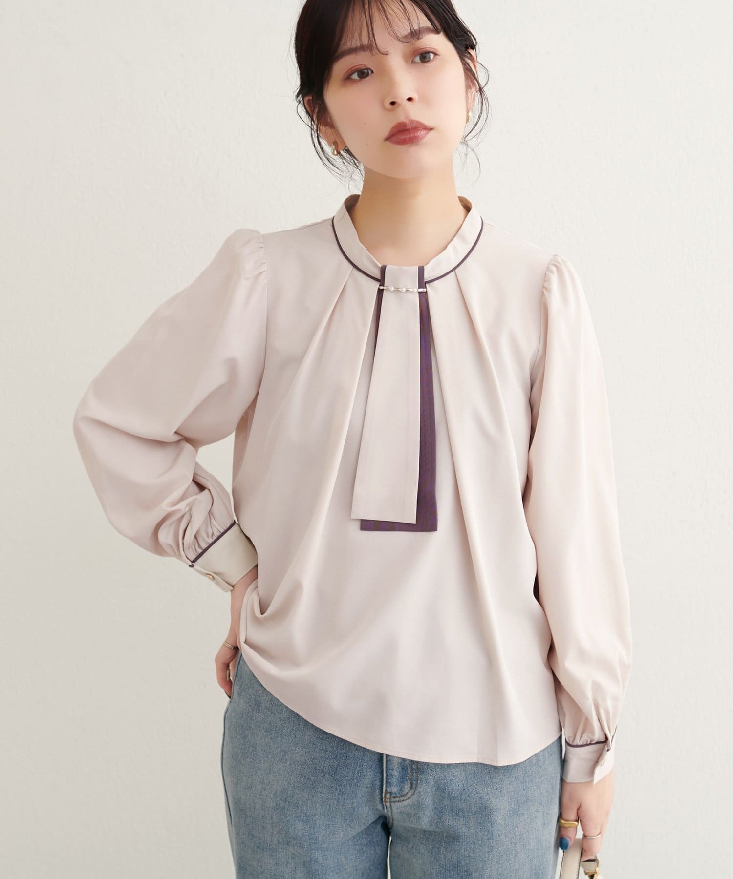 natural couture(ナチュラルクチュール) 【WEB限定】マルチWAYボウタイ配色ブラウス