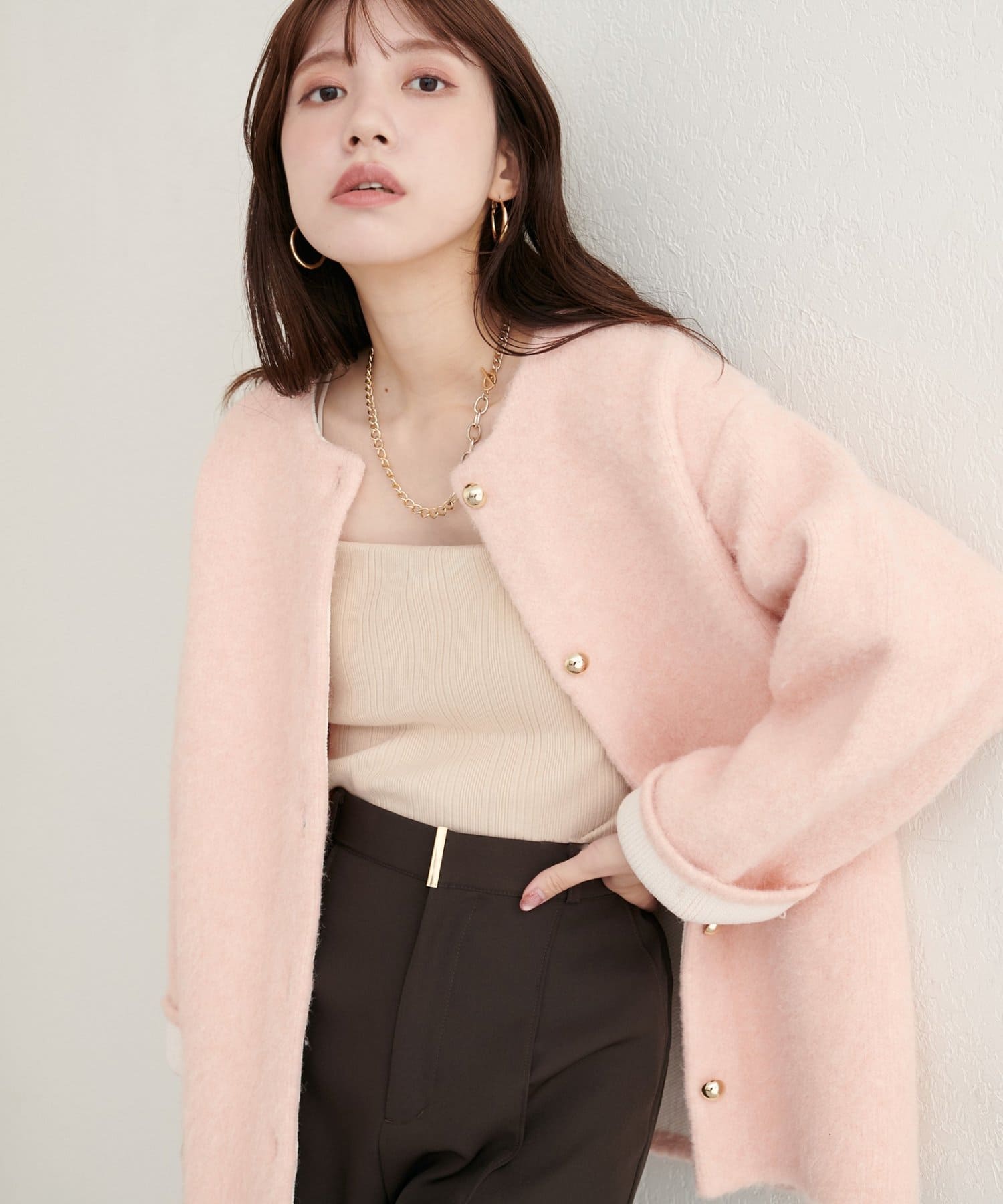 natural couture(ナチュラルクチュール) 【WEB限定】Wフェイス配色ニットジャケット