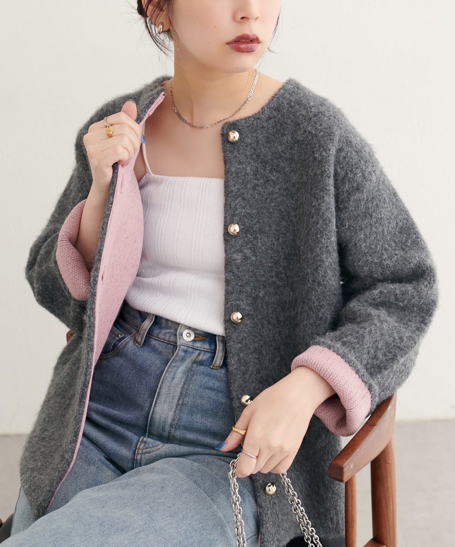natural couture(ナチュラルクチュール) 【WEB限定】Wフェイス配色ニットジャケット