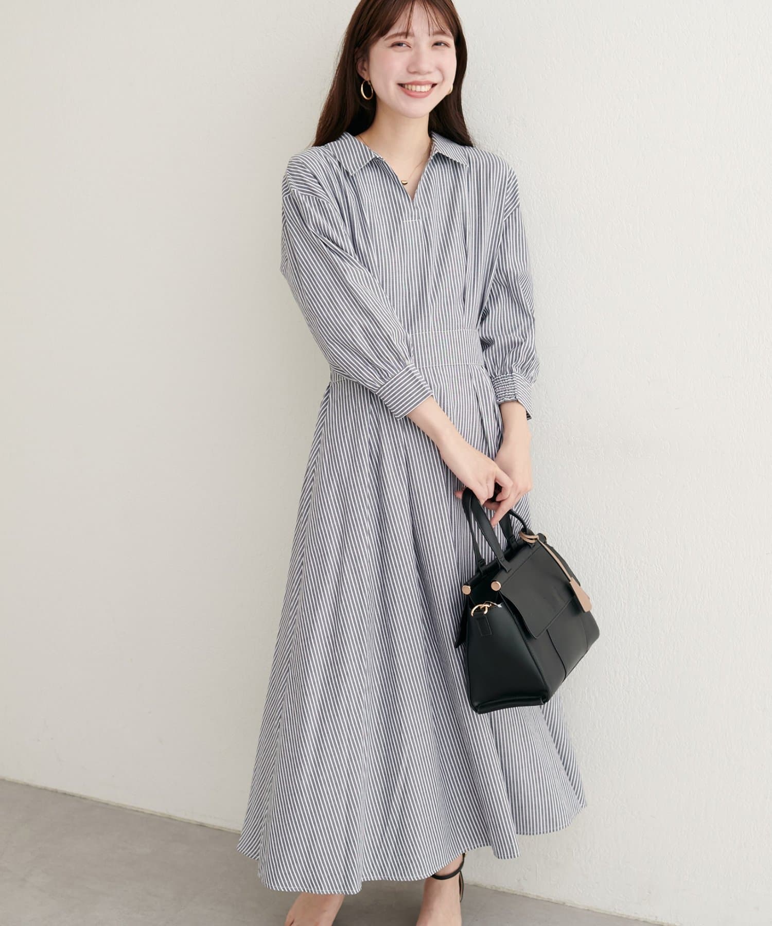 natural couture(ナチュラルクチュール) スキッパー衿7分袖ワンピース