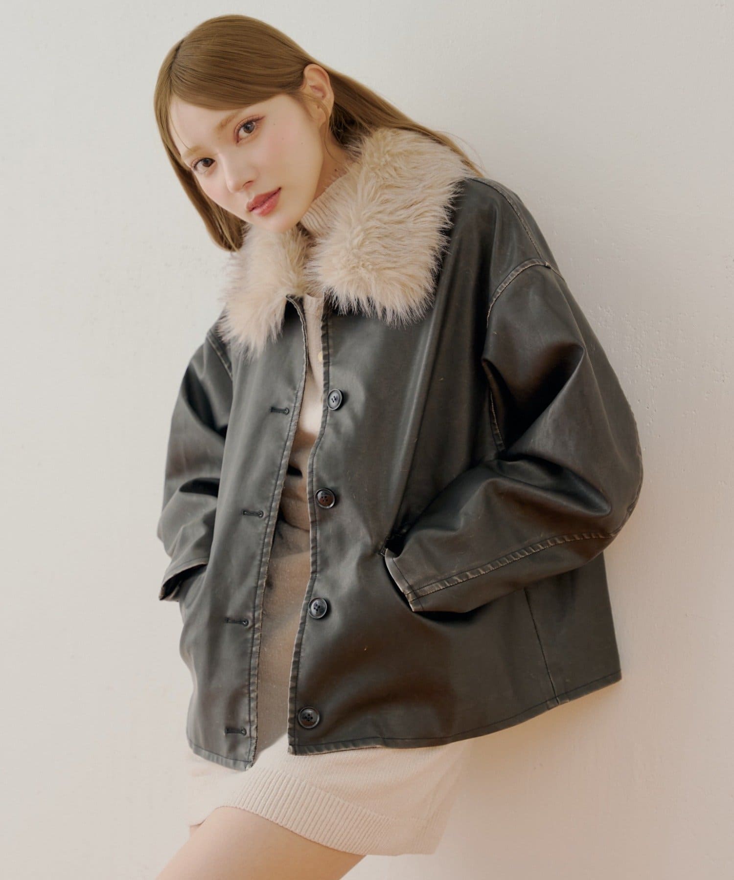 Chico(チコ) ファー取り外しレザールーズシャツジャケット