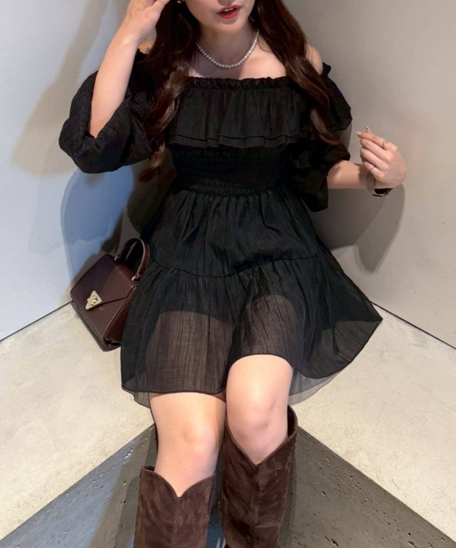 ★Smooth Mood★Buffy Check One Piece★Red_Olive★韓国★人気 ちひ@chipi2xセレクト】楊柳オフショルにもなるワンピース