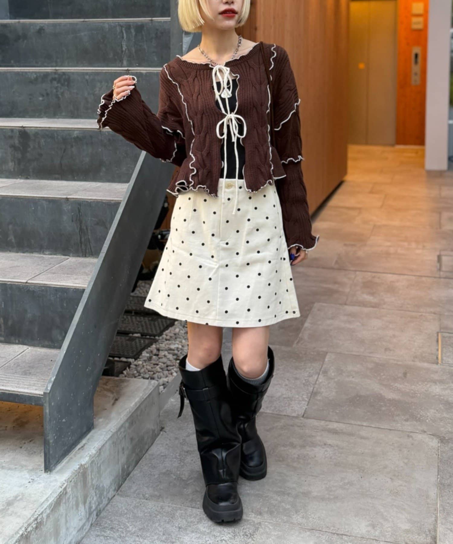 w closet(ダブルクローゼット) 【新色ブラウン登場！12月26日予約開始♪】【予約人気アイテムNO.1】配色メロウケーブルリボンカーデ