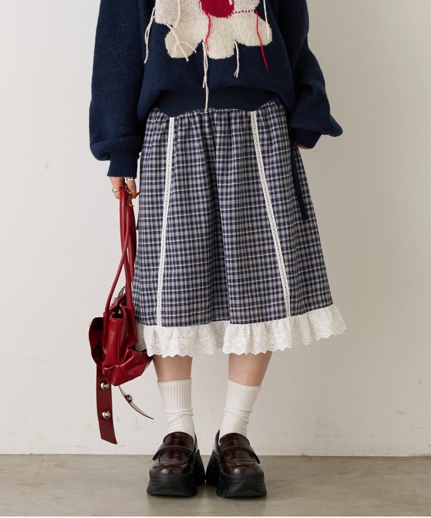 w closet(ダブルクローゼット) 【25AW/お気に入り総選挙対象アイテム】チェックフリルミディスカート