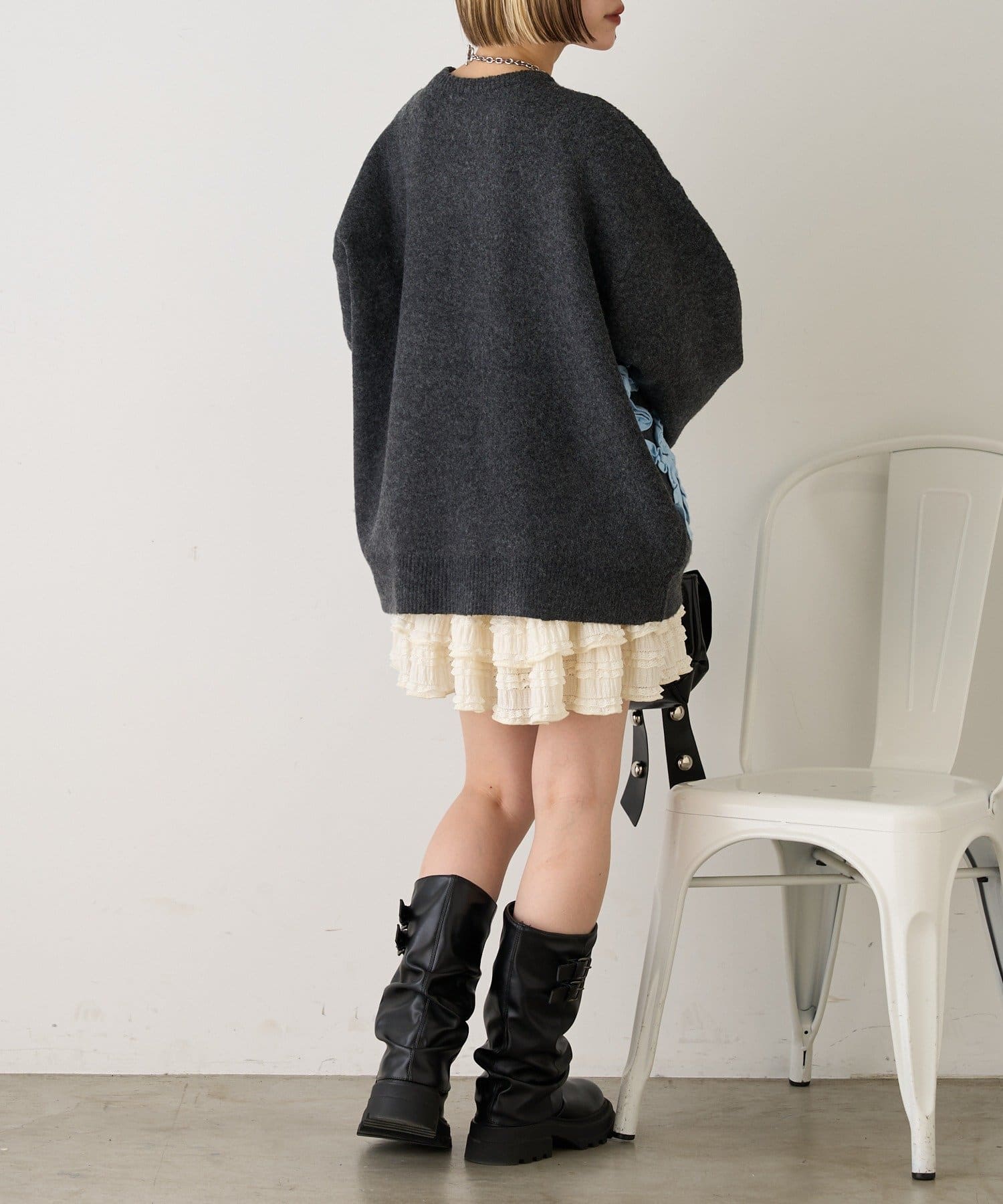 w closet(ダブルクローゼット) 配色フラワーモチーフニット