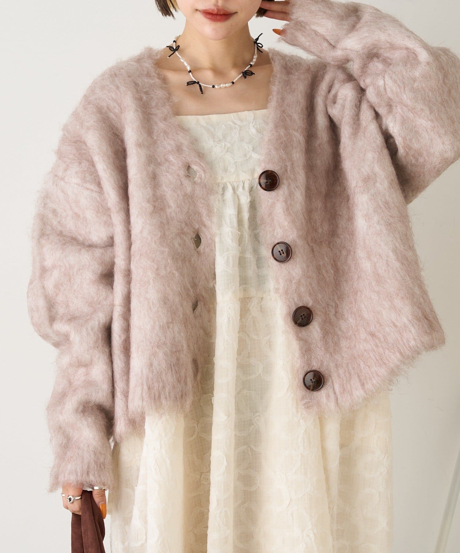 w closet(ダブルクローゼット) 【25AW/お気に入り総選挙対象アイテム】MIXシャギーBIGボタンカーデ