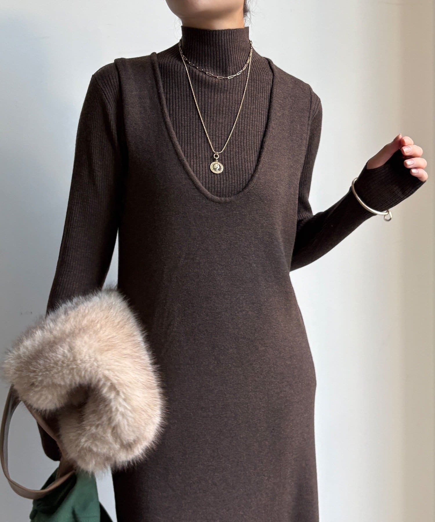 DOUDOU(ドゥドゥ) 【WEB限定】リブニット+Uネックニットワンピースセット