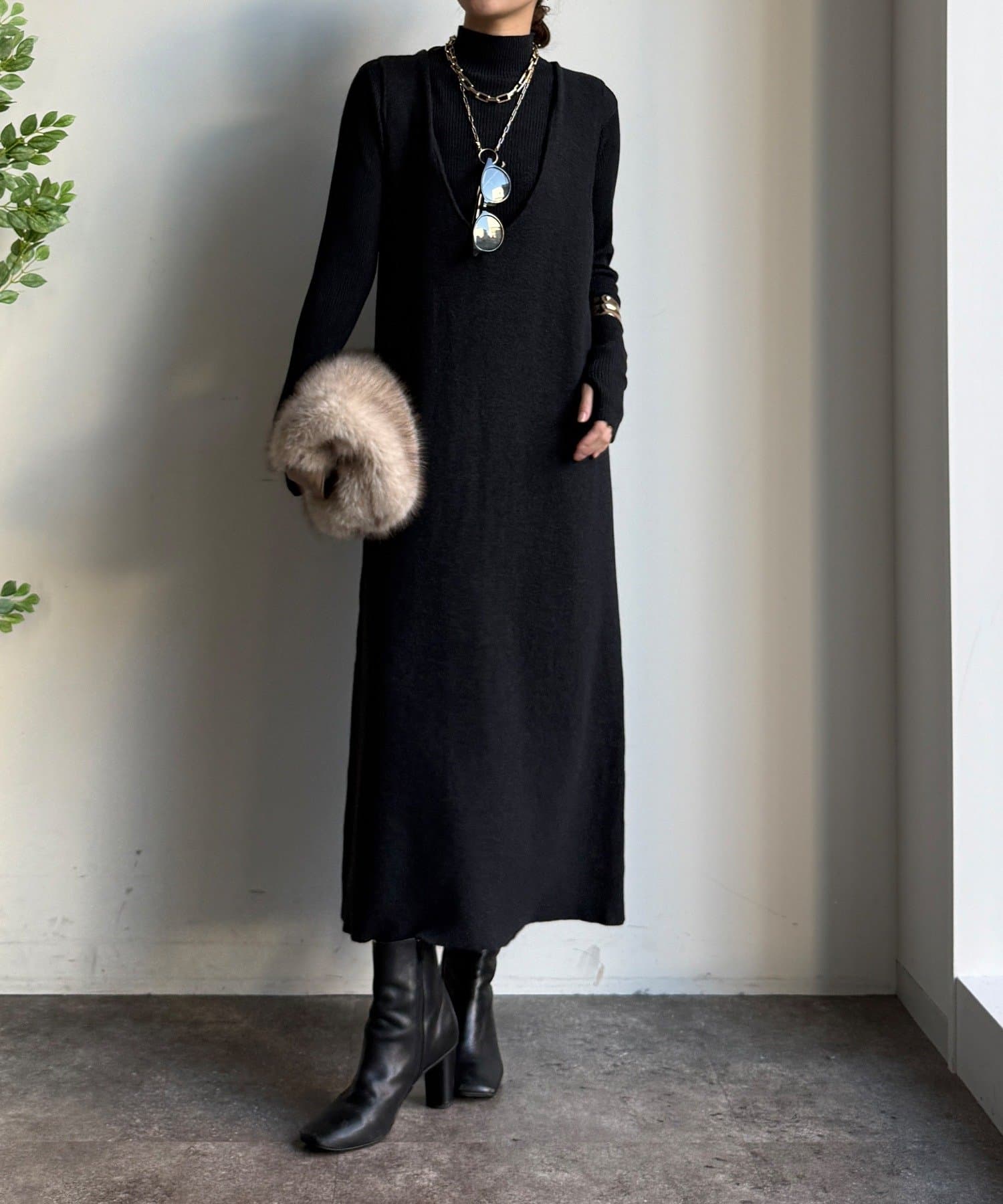 DOUDOU(ドゥドゥ) 【WEB限定】リブニット+Uネックニットワンピースセット