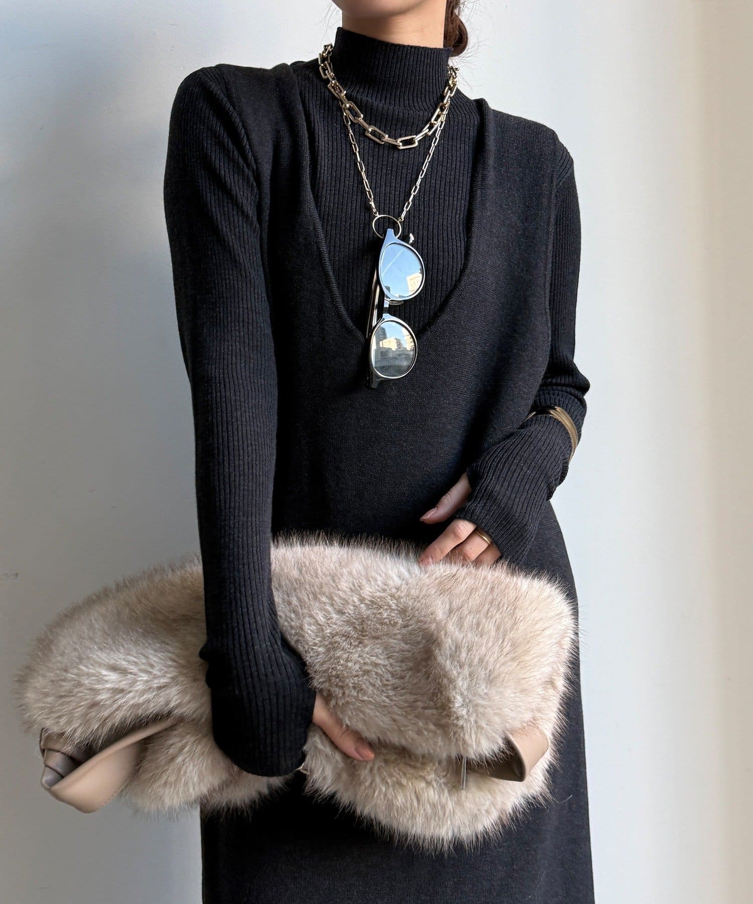 DOUDOU(ドゥドゥ) 【WEB限定】リブニット+Uネックニットワンピースセット