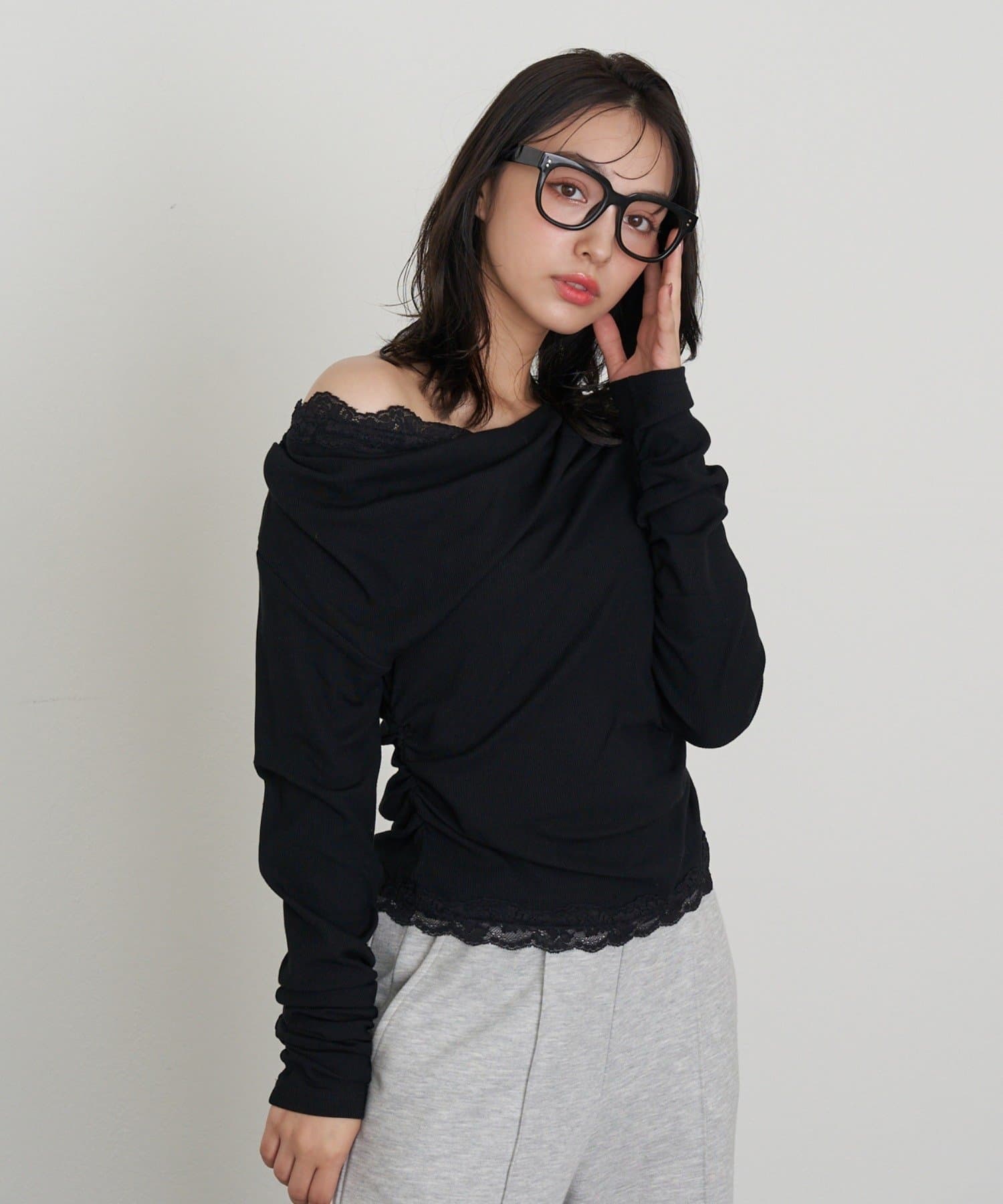 RAY CASSIN(レイカズン) ワンショルレースロンTシャツ