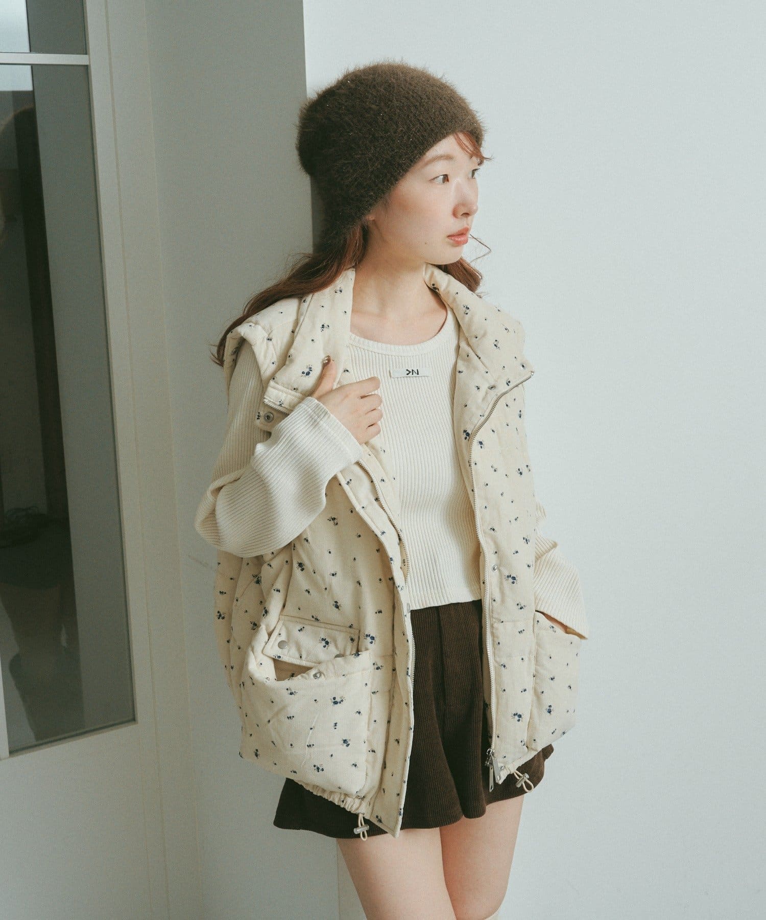 Kastane(カスタネ) 【袖取り外し可/無地&花柄】コーデュロイ中綿ミドルジャケット