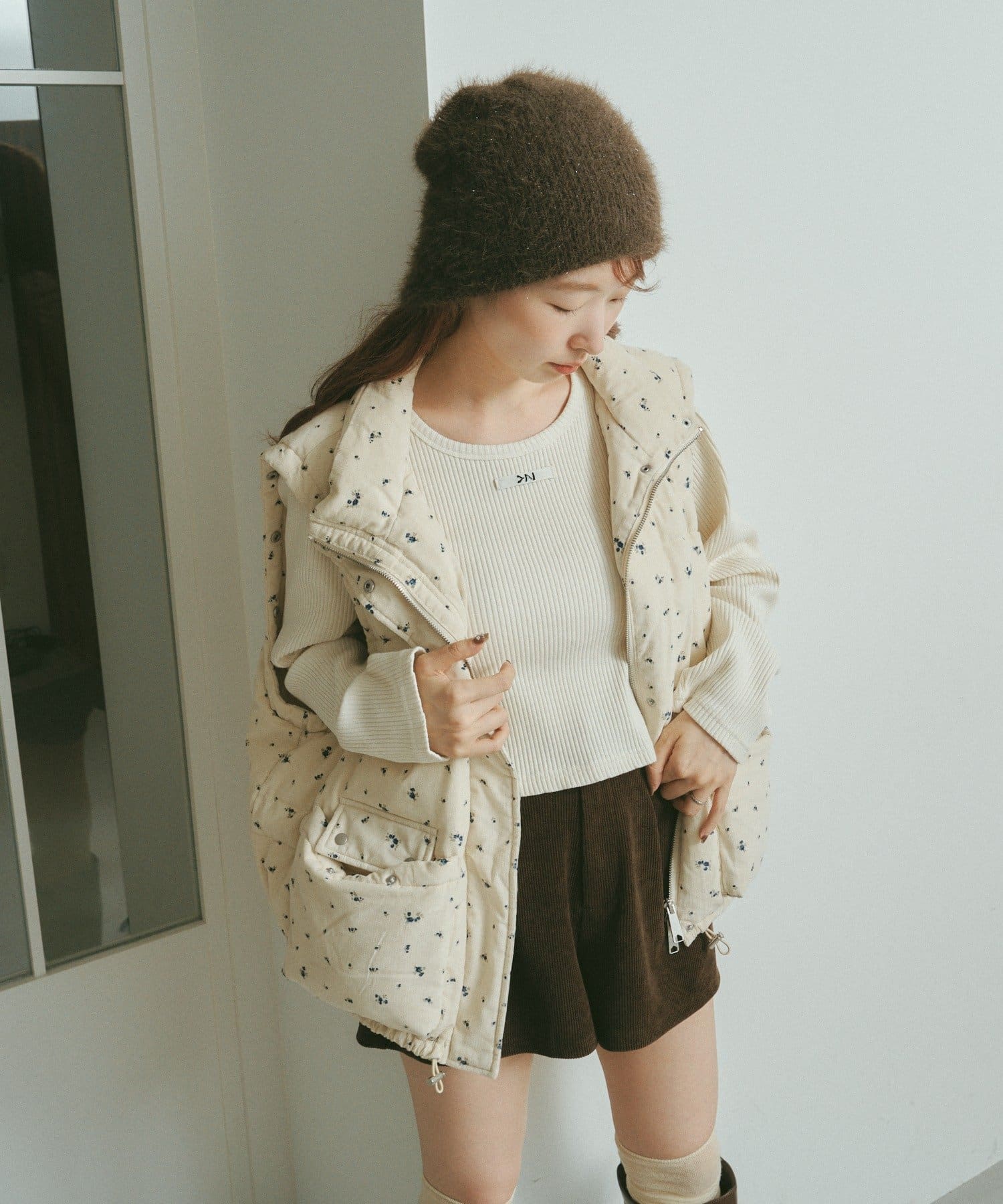 Kastane(カスタネ) 【袖取り外し可/無地&花柄】コーデュロイ中綿ミドルジャケット