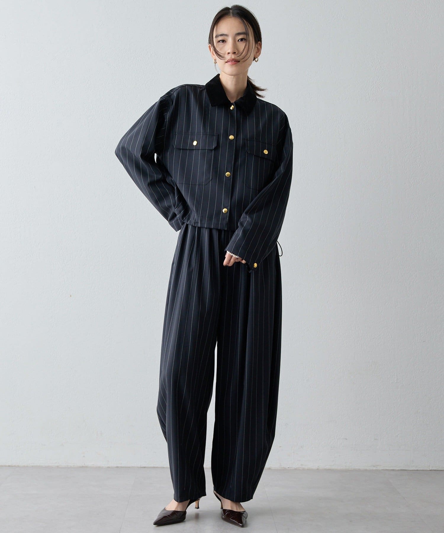 柚ページ セットアップ対応可》ウォッシャブルツイルカーブワイドパンツ