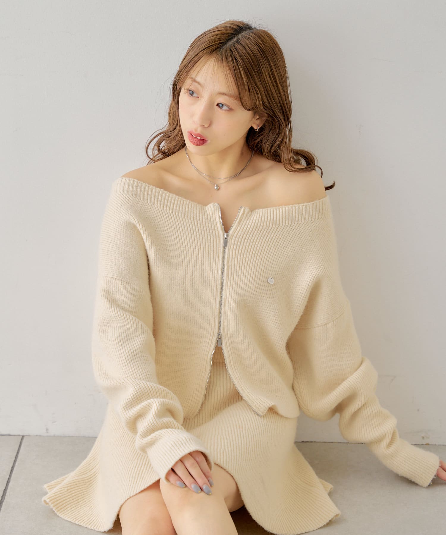 OUTLET(アウトレット) 【Chico】ジップオフショルメランジニット