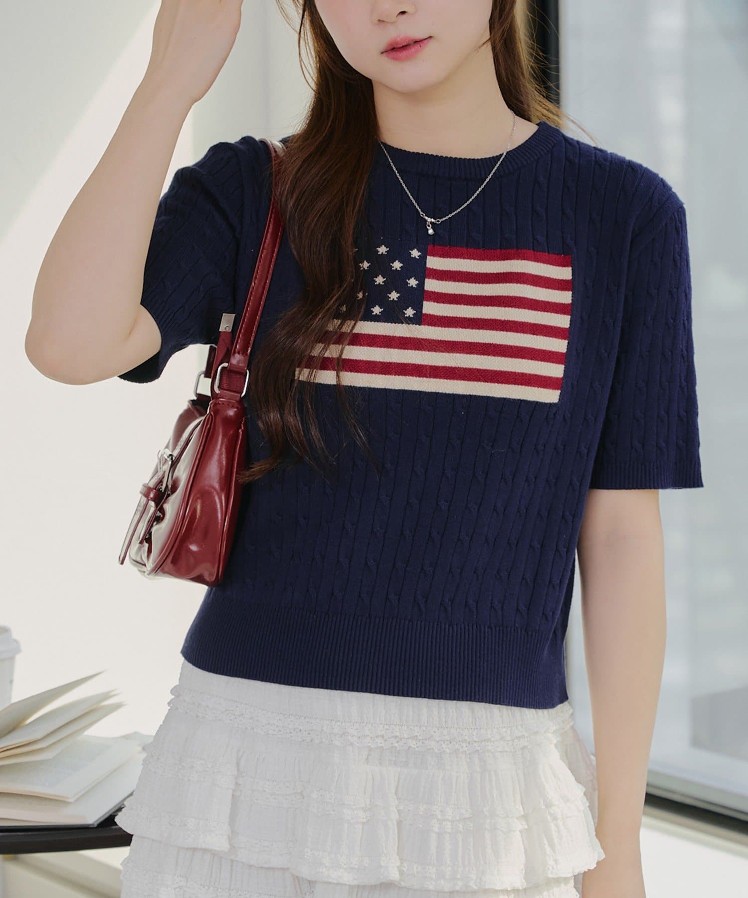 NICE CLAUP / OLIVE des OLIVE OUTLET(ナイスクラップ  / オリーブ デ オリーブ アウトレット) 【RMAF】アメリカ国旗ケーブル半袖ニット