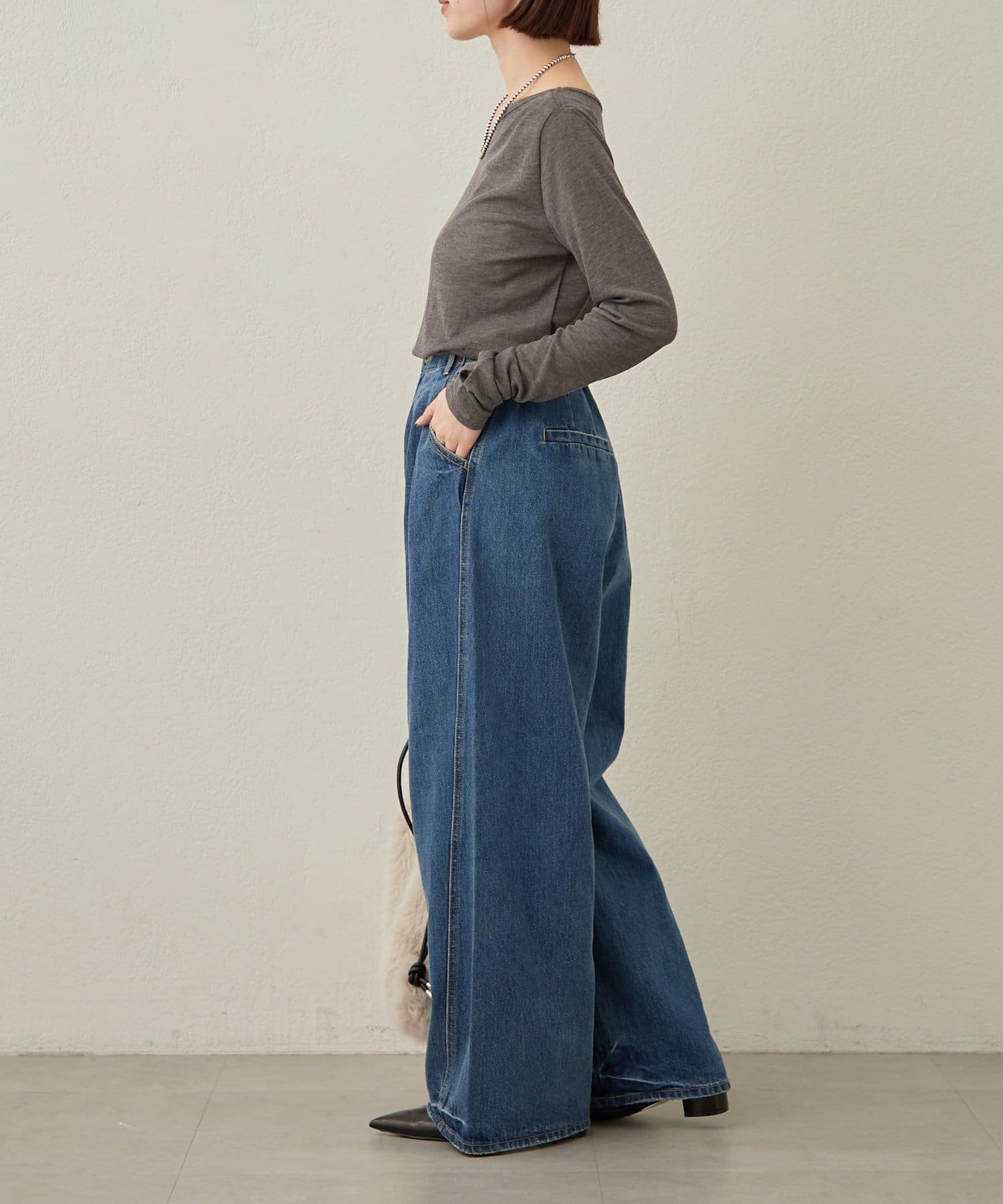 Omekashi(オメカシ) 【新色追加/チャコールグレー・ピンク】シアーリブオフショルロングTシャツ