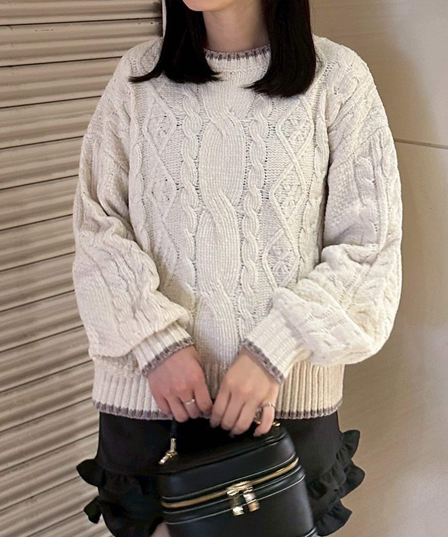 NICE CLAUP / OLIVE des OLIVE OUTLET(ナイスクラップ  / オリーブ デ オリーブ アウトレット) 【RMAF】バックリボンベロアモールケーブルニット