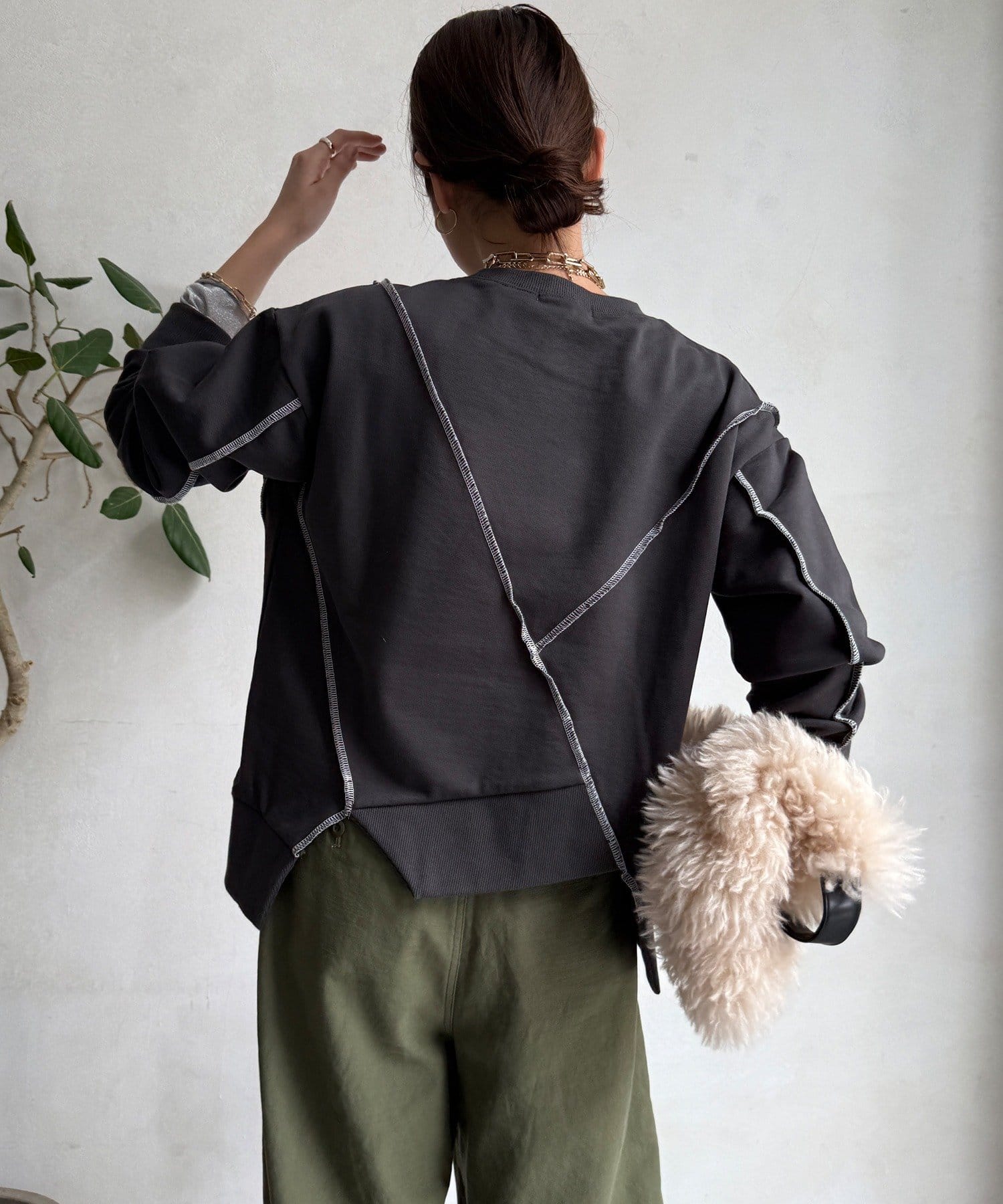 DOUDOU(ドゥドゥ) 【WEB限定】裏毛配色ステッチ切替トップス